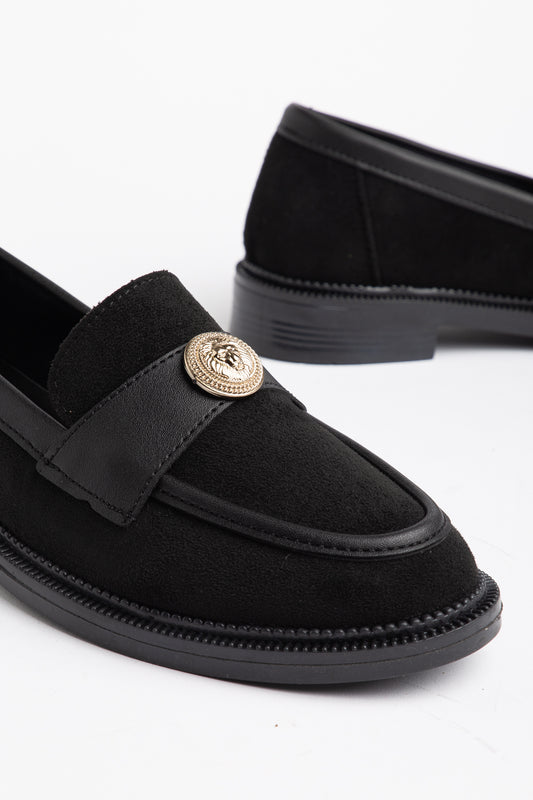 Gold Aksesuarlı Kadın Süet Siyah Loafer