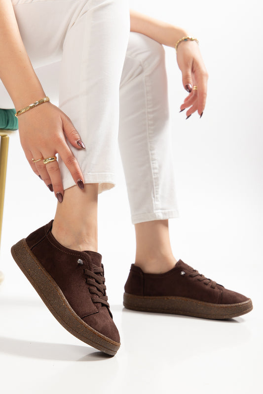 VENTO COMFORT TABAN BAĞCIKLI KADIN GÜNLÜK SNEAKER AYAKKABI - Kahverengi Süet