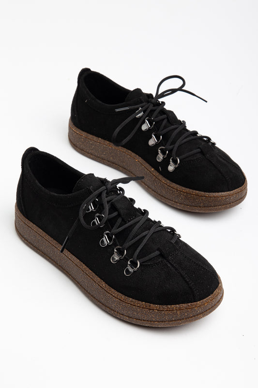 URBAN COMFORT TABAN KAPSÜLLÜ BAĞCIKLI KADIN GÜNLÜK SNEAKER AYAKKABI - Siyah Süet