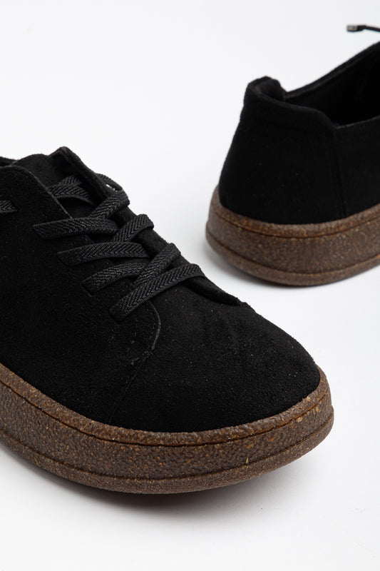 VENTO COMFORT TABAN BAĞCIKLI KADIN GÜNLÜK SNEAKER AYAKKABI - Siyah Süet