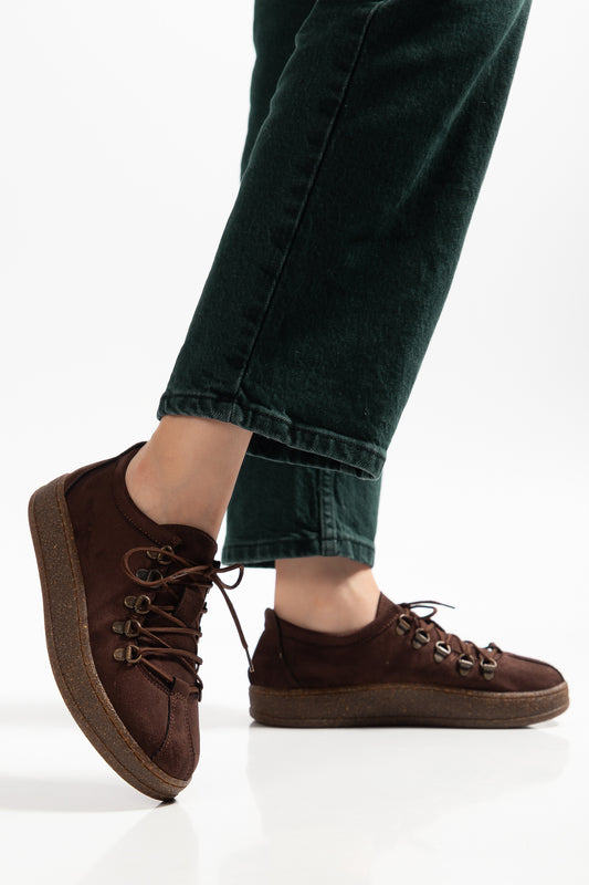 URBAN COMFORT TABAN KAPSÜLLÜ BAĞCIKLI KADIN GÜNLÜK SNEAKER AYAKKABI - Kahverengi Süet
