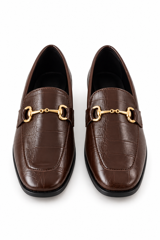Kadın Gold Tokalı Kroko Rugan Kahverengi Loafer Babet