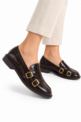 Kadın Gold Çift Tokalı Kahverengi Loafer