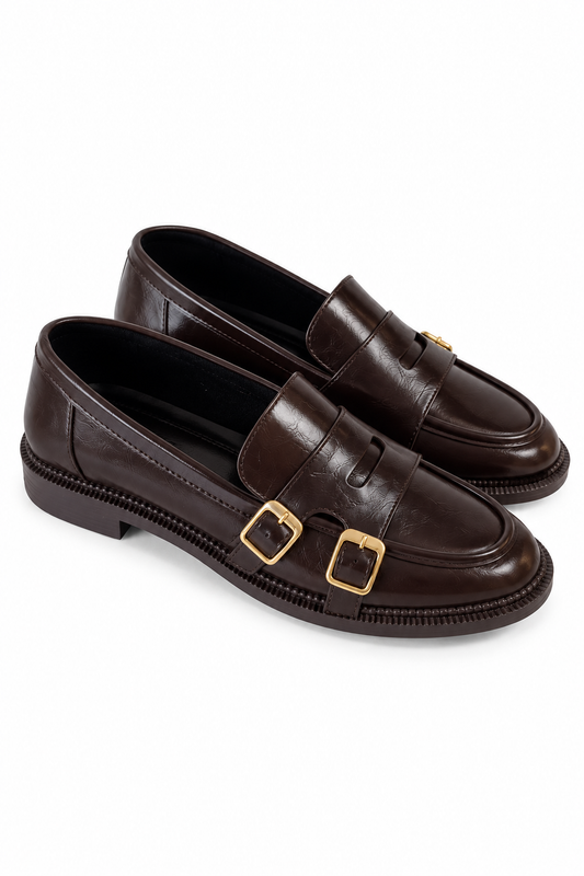 Kadın Gold Çift Tokalı Kahverengi Loafer