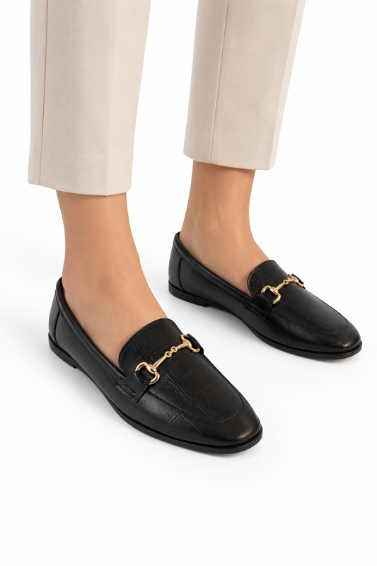 Kadın Gold Tokalı Kroko Rugan Siyah Loafer Babet