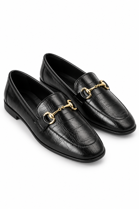 Kadın Gold Tokalı Kroko Rugan Siyah Loafer Babet