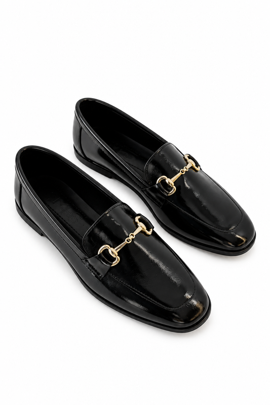 Kadın Gold Tokalı Rugan Siyah Loafer Babet