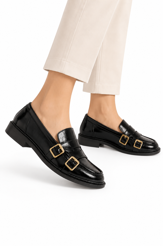 Kadın Gold Çift Tokalı Siyah Loafer