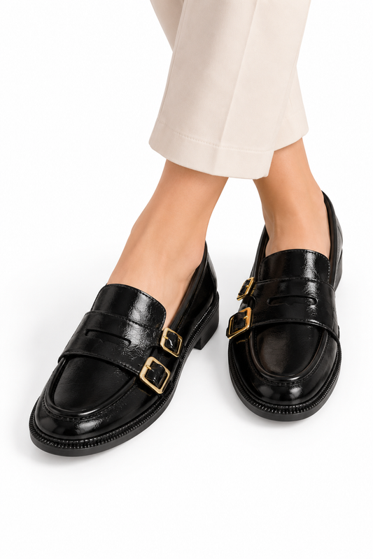 Kadın Gold Çift Tokalı Siyah Loafer