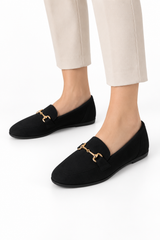 Kadın Gold Tokalı Süet Siyah Loafer Babet