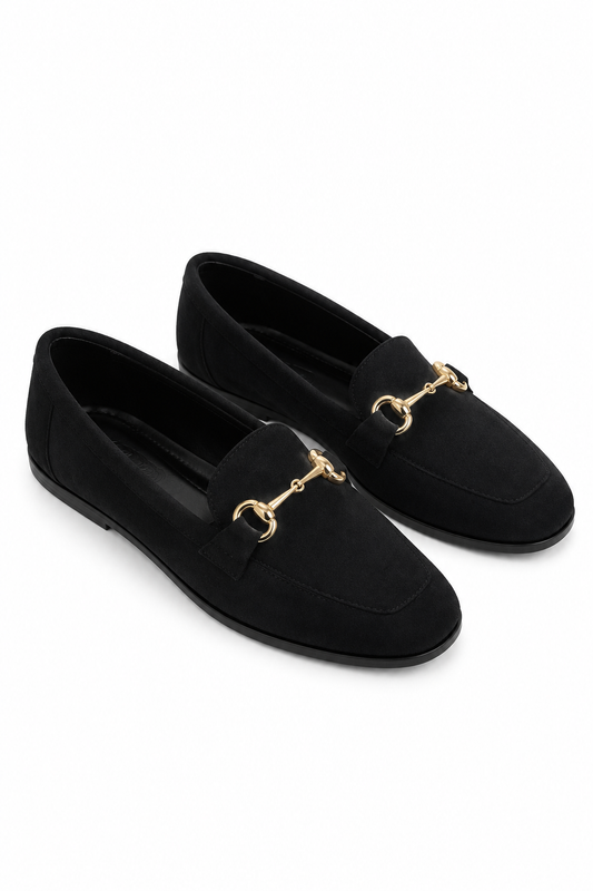 Kadın Gold Tokalı Süet Siyah Loafer Babet