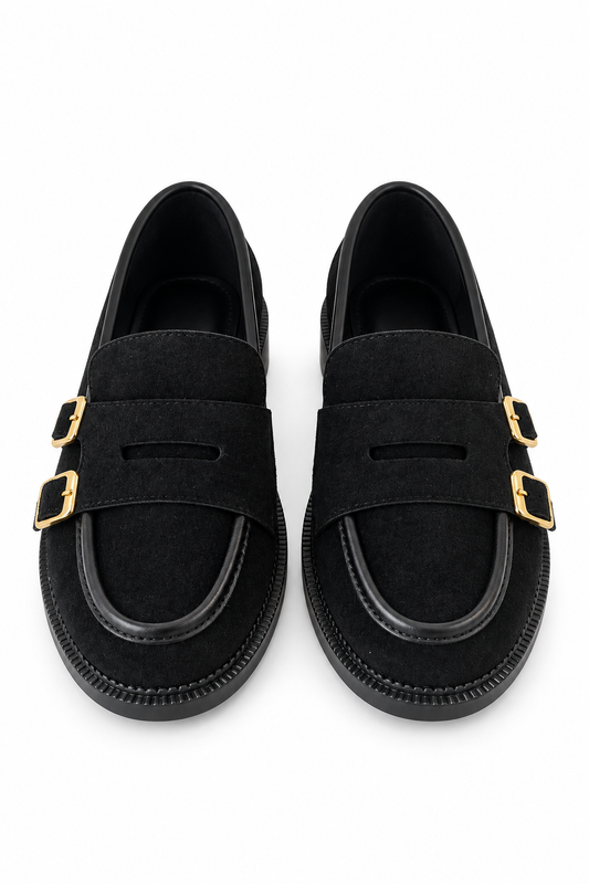Kadın Gold Çift Tokalı Süet Siyah Loafer